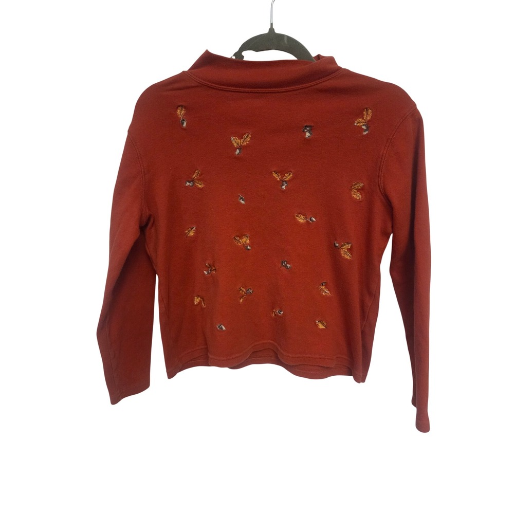 Studio Works Petite Burnt Orange Mock Neck Embroidered Acorn Leaf Top PS Fall